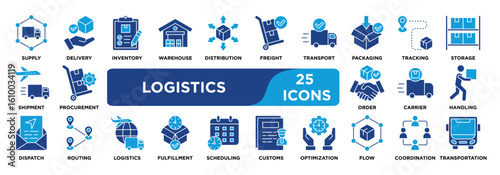 logistics icon collection set. Containing transport,supply,shipment,delivery,inventory,warehouse,distribution,freight,packaging,tracking icon. dual tone vector.
