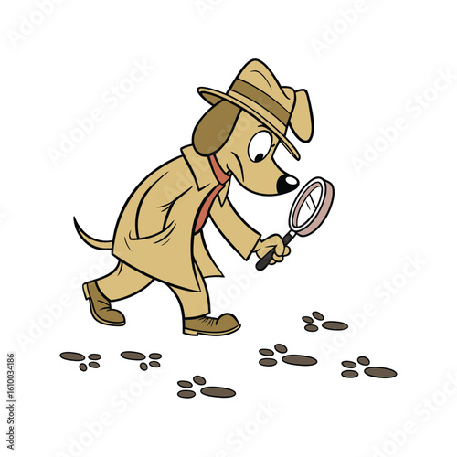 Detective Dog Cartoon Character Following Clues in a Fun Mystery Scene