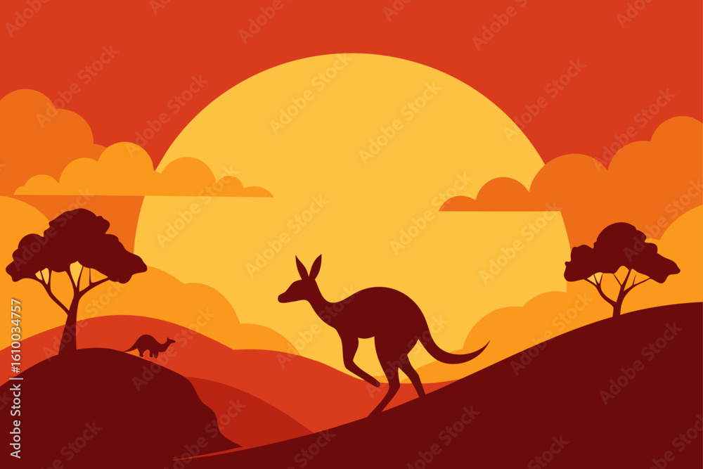 Fototapeta premium Kangaroos silhouetted against a warm sunset in the australian outback