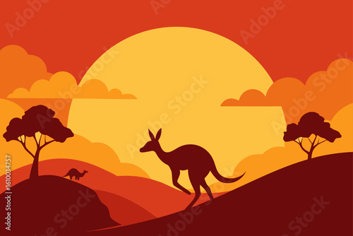 Kangaroos silhouetted against a warm sunset in the australian outback
