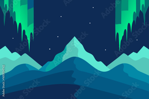 Stylized aurora borealis over snowy mountains at night