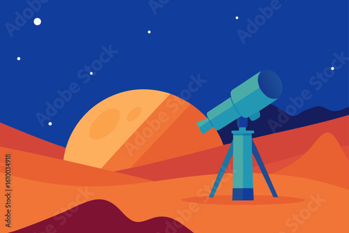 Telescope on an alien planet observing a large orange celestial body