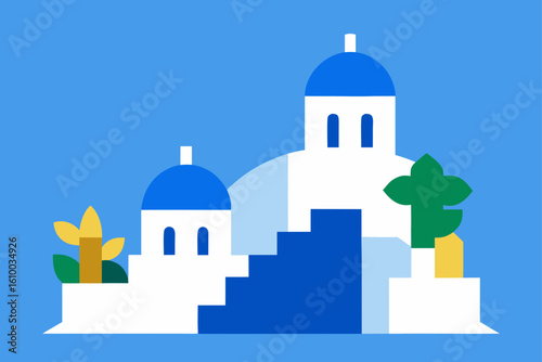 Stylized greek island architecture with blue domes and greenery