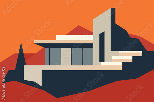 Modern architectural design with geometric forms and warm hues