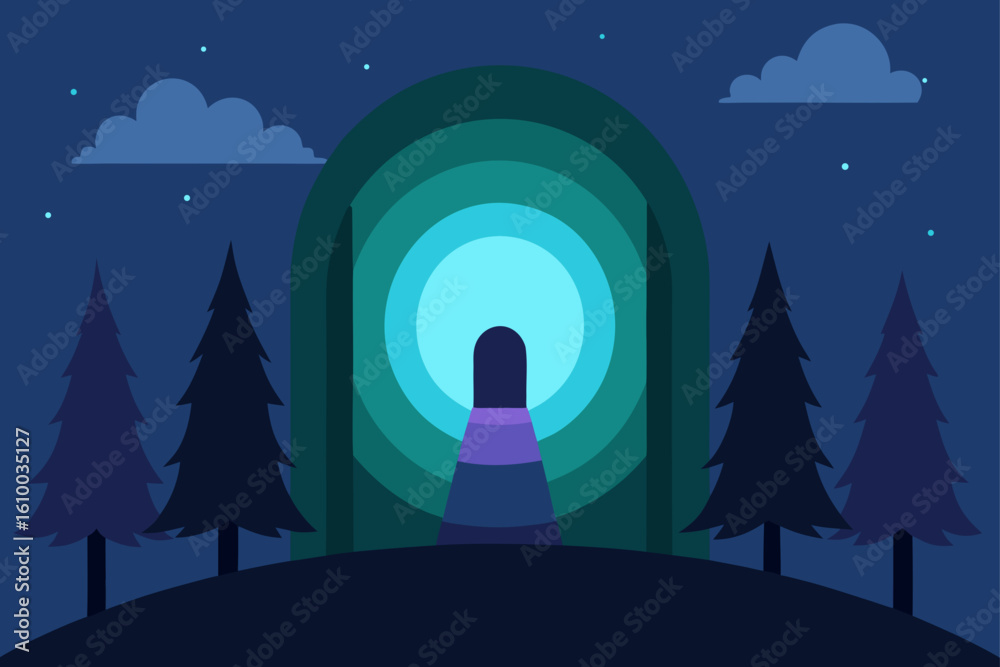 Fototapeta premium Mysterious glowing portal in a dark forest at night
