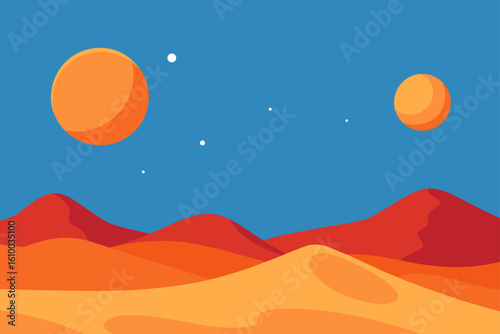 Vast alien desert landscape under a blue sky with two orange planets