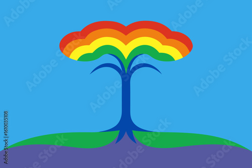 Stylized rainbow tree on a hillside