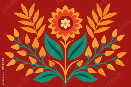 Stylized floral pattern with red and yellow hues