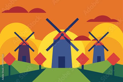Three dutch windmills silhouetted against a vibrant sunset sky