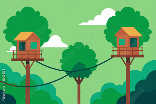 Two treehouses connected by a rope in a lush forest