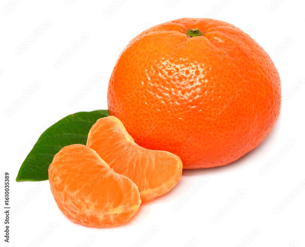 Fresh mandarin fruit and peeled with leaves isolated on white background Fresh mandarin fruit and peeled with leaves isolated on white background