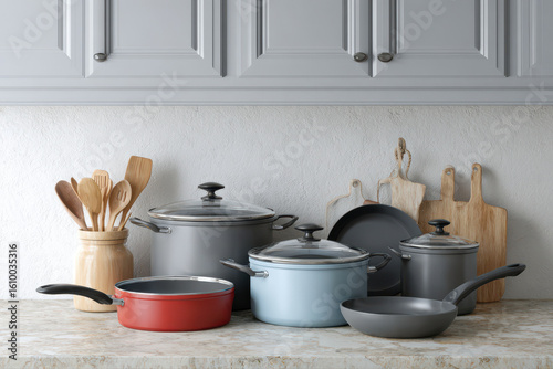 create stunning d rendering of modern kitchen scene showcasing various cookware items including pots and pans