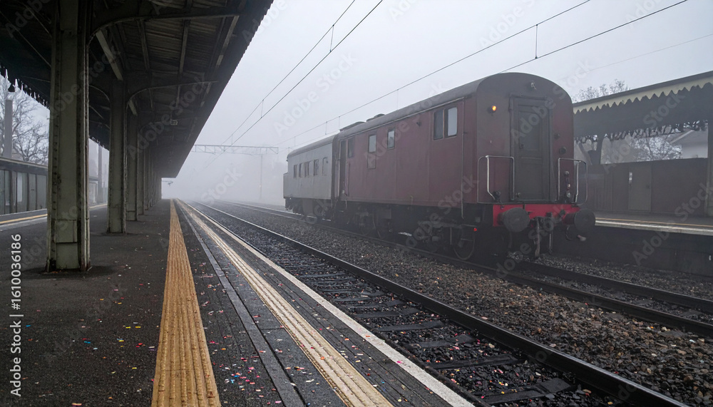 Naklejka premium Vintage Train Platform with Confetti Departure . Wedding Concept. Generated Image