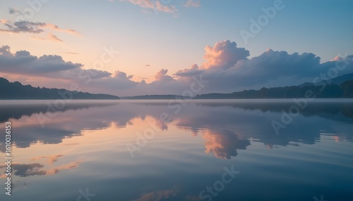 Pastel clouds reflecting in a quiet lake at dawn