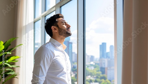 Middle Eastern man standing near an open window, taking a breath of fresh air to reset and refresh during a workday break