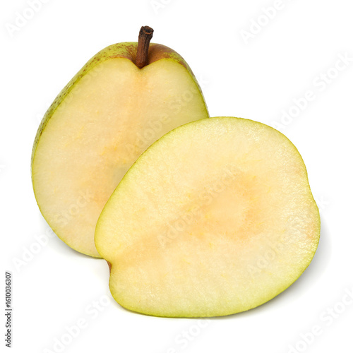Two halves of cut green pear isolated on white background. Sliced. Flat lay, top view