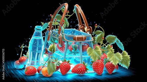 Luxury glowing transparent shopping bag with fresh strawberries and cherries inside - surreal digital art animation