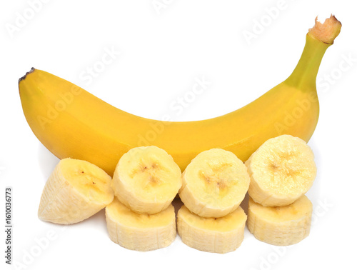 Beautiful banana and rings cut isolated on white background. Pieces, tropical fruit. Sliced. Flat lay, top view