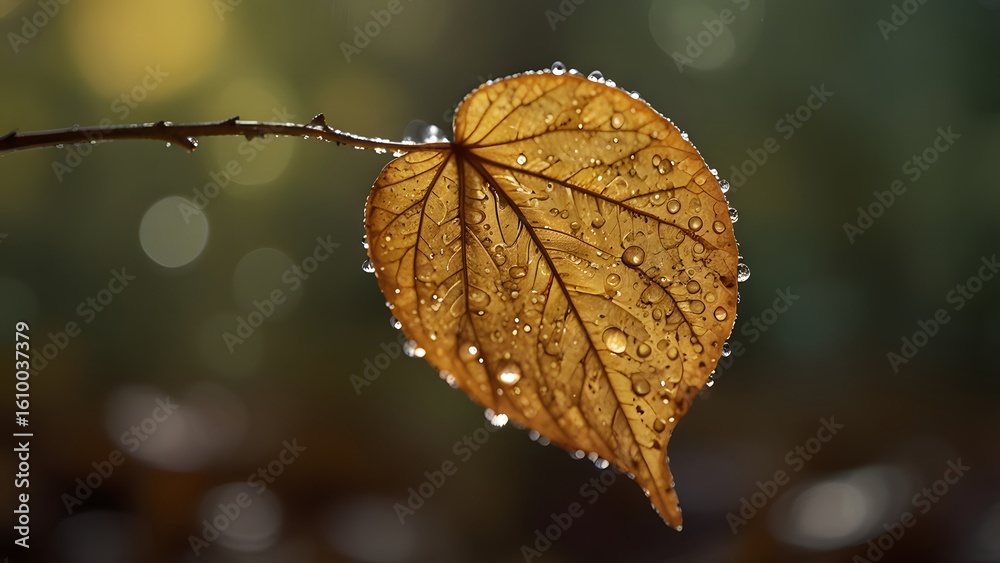 Obraz premium A macro shot of a golden-brown leaf caught mid-fall, detailed with delicate veins and droplets of morning dew, set against a softly lit, out-of-focus woodland backdrop with warm autumn tones.