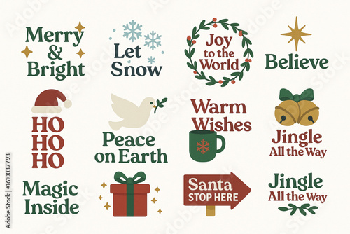 Christmas Quote Icons, Flat Design Festive Typography Set