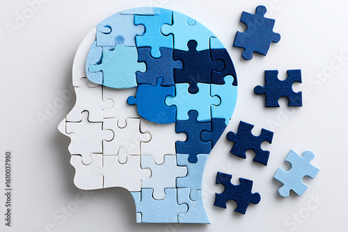 Puzzle Pieces Forming the Silhouette of a Human Head in Various Shades of Blue on a Light Background