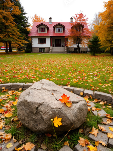 Residential house and autumn park . House in Soviet Union style .Rybnitsa city in Moldova, under the administration of the breakaway government of Transnistria