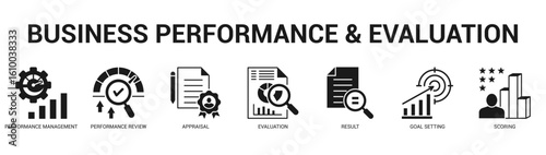 Business Performance and Evaluation Modern and clean web banner illustration featuring thematic icons for visual communication