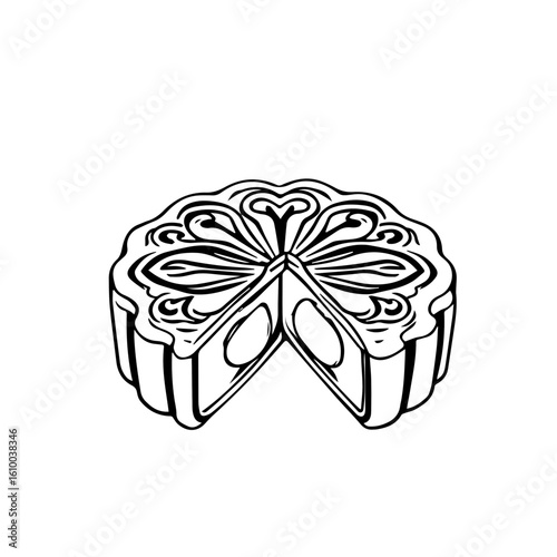 Elegant Black And White Mooncake Illustration With Segment Removed Showing Two Egg Yolks