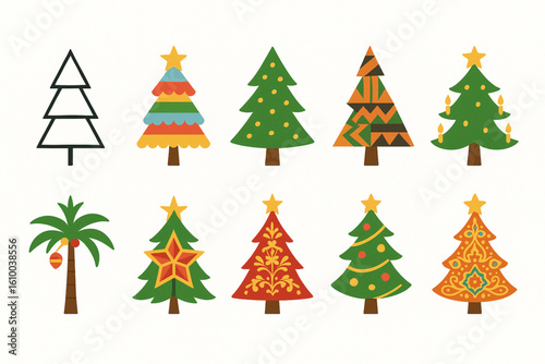 Cultural Christmas Tree Icons, Flat Design Global Holiday Set