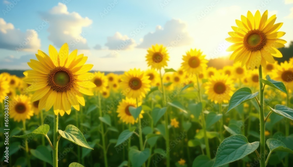 Fototapeta premium Tall sunflowers sway gently in a summer breeze, creating a sea of yellow, landscape, tranquility, background