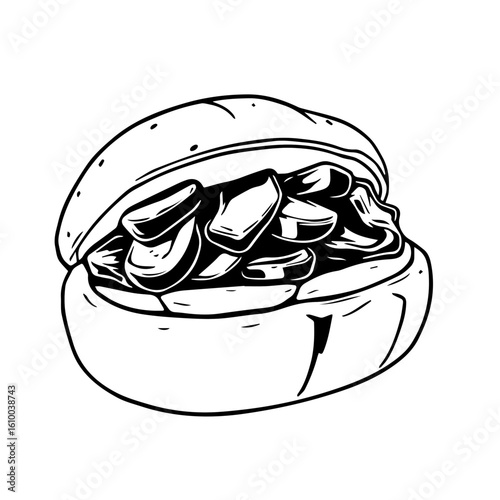 Monochrome Illustration of a Full Sandwich with Cutlets Inside on White Background