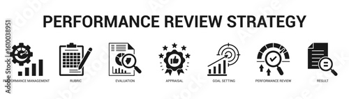 Performance Review Strategy Modern and clean web banner illustration featuring thematic icons for visual communication