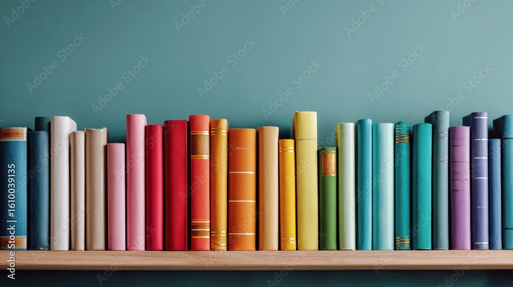 Naklejka premium Books Arranged Neatly by Color Gradient on a Shelf With an Empty Space in the Calm Background