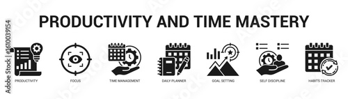 Productivity and Time Mastery Modern and clean web banner illustration featuring thematic icons for visual communication
