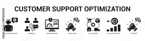 Customer Support Optimization Modern and clean web banner illustration featuring thematic icons for visual communication