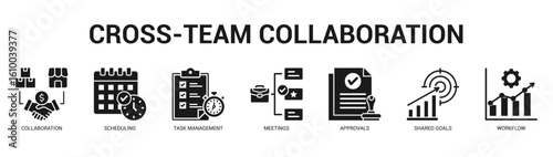 CrossTeam Collaboration Modern and clean web banner illustration featuring thematic icons for visual communication