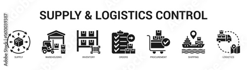 Supply and Logistics Control Modern and clean web banner illustration featuring thematic icons for visual communication