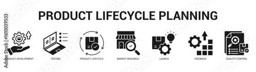 Product Lifecycle Planning Modern and clean web banner illustration featuring thematic icons for visual communication