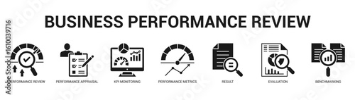 Business Performance Review Modern and clean web banner illustration featuring thematic icons for visual communication