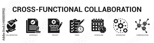 CrossFunctional Collaboration Modern and clean web banner illustration featuring thematic icons for visual communication