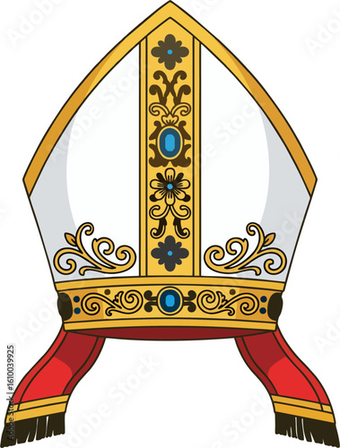 Ornate White and Gold Bishop Mitre Vector with Blue Gems and Red Ribbon Tails