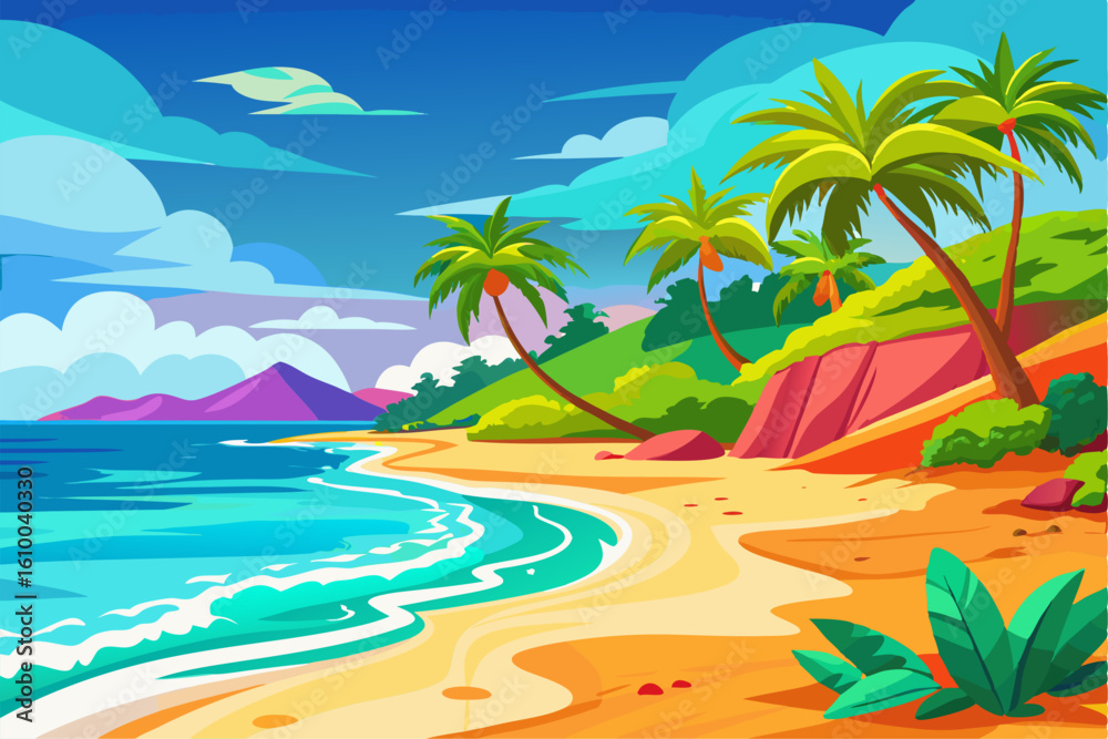 Fototapeta premium Vibrant vector illustration of a tropical beach with golden sand, turquoise ocean waves, and lush palm trees under a bright blue sky.
