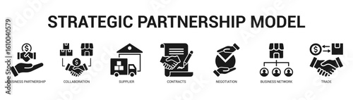 Strategic Partnership Model Modern and clean web banner illustration featuring thematic icons for visual communication