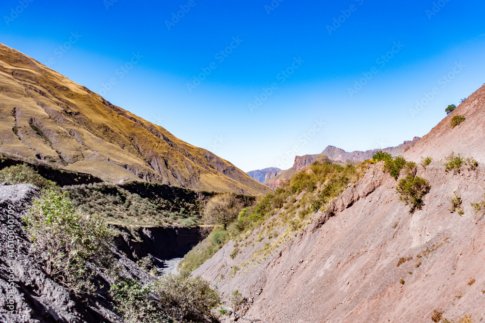 Fototapeta premium Stunning geological gorge featuring a dry creek and textured, colorful mountain sides in the Andes.