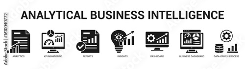 Analytical Business Intelligence Modern and clean web banner illustration featuring thematic icons for visual communication