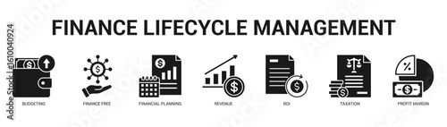 Finance Lifecycle Management Modern and clean web banner illustration featuring thematic icons for visual communication