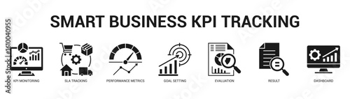 Smart Business KPI Tracking Modern and clean web banner illustration featuring thematic icons for visual communication
