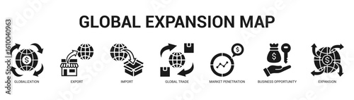 Global Expansion Map Modern and clean web banner illustration featuring thematic icons for visual communication