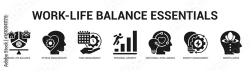 WorkLife Balance Essentials Modern and clean web banner illustration featuring thematic icons for visual communication