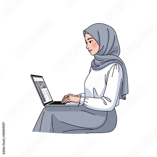A young woman in a hijab sits and works on a laptop.
